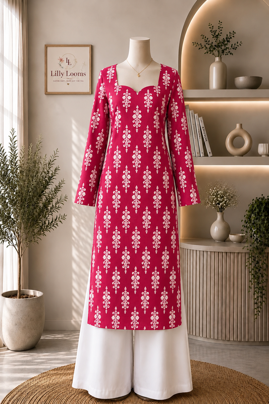 Hot Pink Cotton Long Straight Kurti