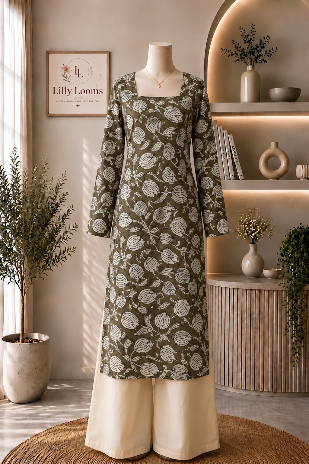 Olive Floral Cotton Long Straight Kurti