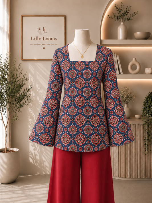 Blue Ajrakh Printed Cotton Short Kurti