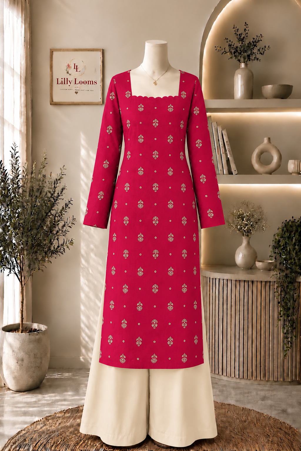 Rani Pink Chanderi Silk Long Straight Kurti With Lining