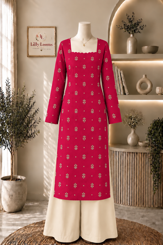 Rani Pink Chanderi Silk Long Straight Kurti With Lining